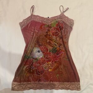 Pink Lace Trim Camisole with “Love and Peace” Skull and Roses Design